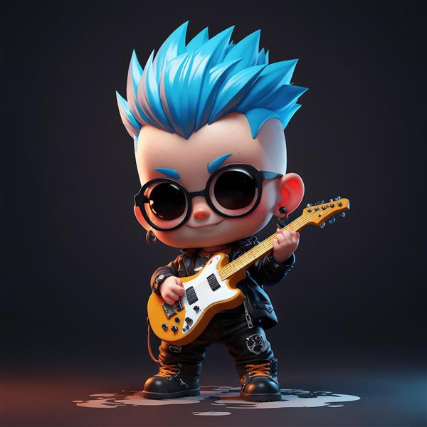 عکس کیوت راکر با گیتار زرد و عینک بزرگ، تصویر باکیفیت استودیویی