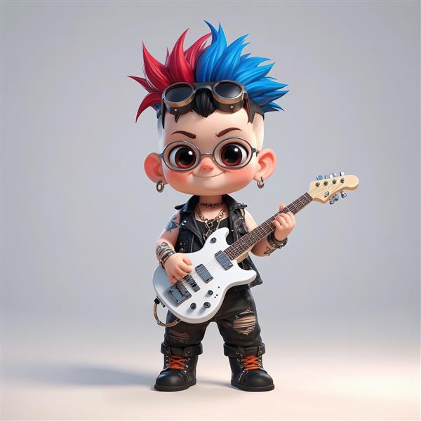 تصویر اورجینال نوازنده گیتار با موهای آبی و قرمز و عینک گرد، طرح خاص و جذاب