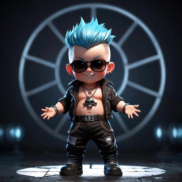 عکس سه بعدی شخصیت راکر با ژست اکشن و پس‌زمینه صنعتی، مناسب چاپ تابلو اتاق نوجوان