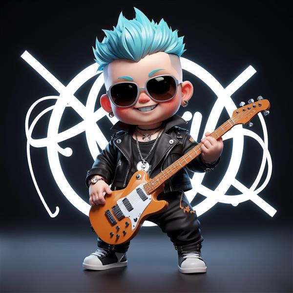 تصویر باکیفیت نوازنده گیتار پانک با ژاکت چرمی و پس‌زمینه نئونی، طرح اسپرت و فانتزی