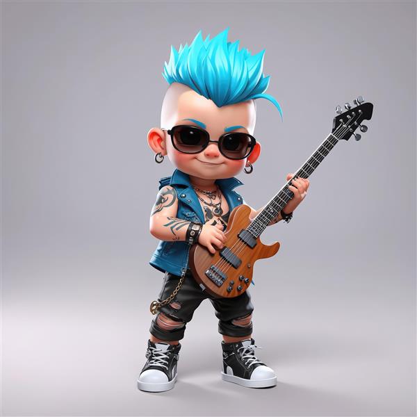 عکس کارتونی پسر راکر با گیتار الکتریک چوبی و موهای آبی، تصویر باکیفیت برای پوستر