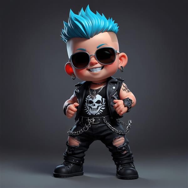 تصویر استوک عروسک پانک با جلیقه چرمی و شلوار پاره، لبخند شیطنت‌آمیز و زنجیر