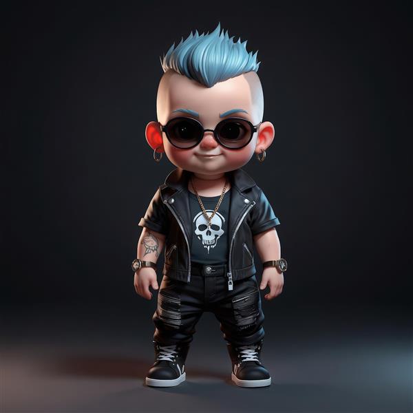 تصویر باکیفیت شخصیت کارتونی پانک راک با موهای آبی و لباس چرمی، مناسب چاپ پوستر