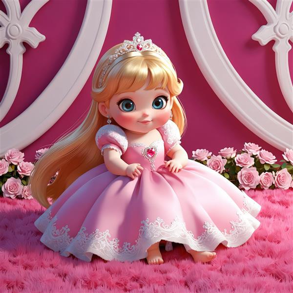 عکس عروسک شاهزاده خانم مو بلوند با لباس صورتی روشن، طرح دکوراتیو مینیمال