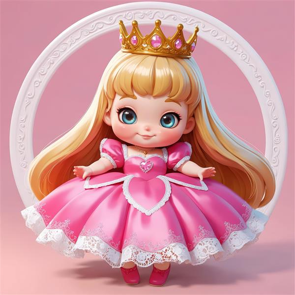 تصویر باکیفیت عروسک پرنسس بلوند در نور نئون و پس‌زمینه فرش پشمی صورتی