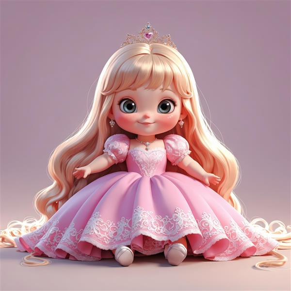 عکس عروسک شاهزاده خانم مو بلند با لباس صورتی روشن، طرح دکوراتیو مینیمال