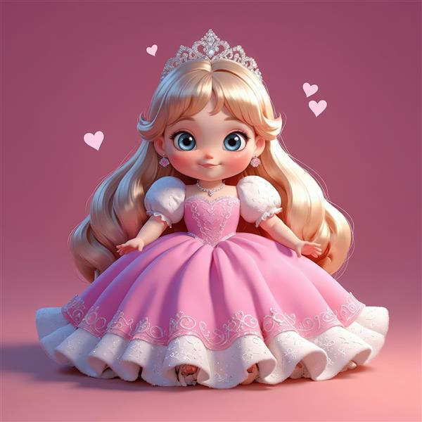 عروسک پرنسس بلوند زیبا با تاج نقره‌ای و قلب‌های معلق، تصویر باکیفیت و کیوت