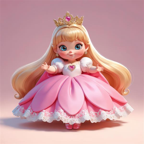 عکس استوک عروسک شاهزاده خانم با دامن گلبرگی و تاج طلایی، طرح فانتزی اتاق دخترانه