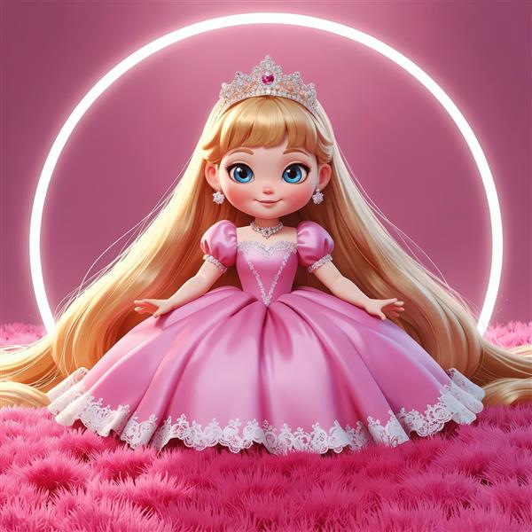 تصویر باکیفیت عروسک پرنسس بلوند در نور نئون و پس‌زمینه فرش پشمی صورتی، طرح دکوراتیو