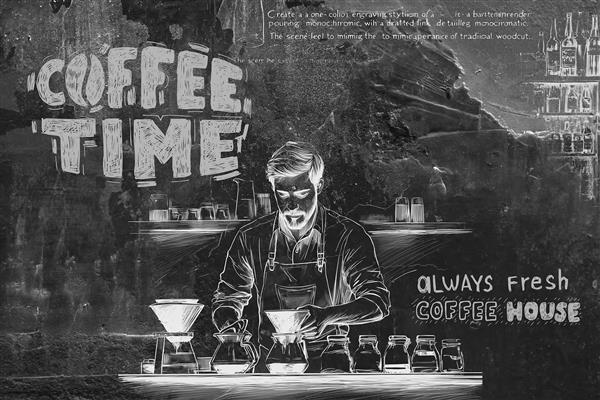 پوستر مشکی کافی‌شاپ طراحی گچی باریستا برای دیوار کافه