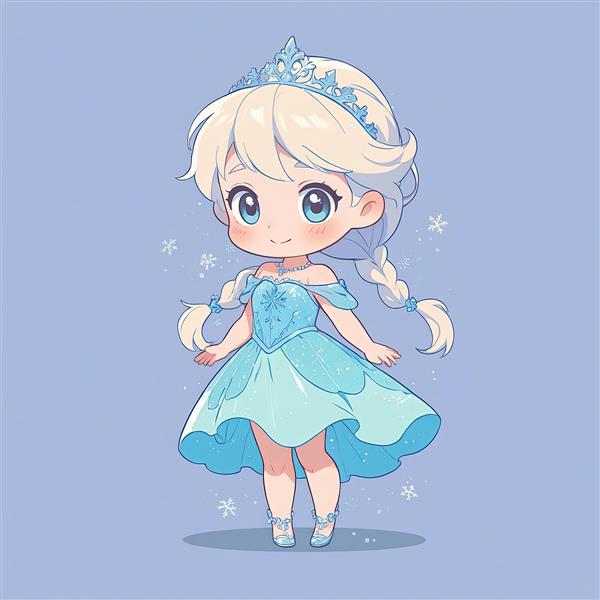 انیمیشن فروزن: ملکه السا با لباس سلطنتی آبی، تصویرسازی وکتور چیبی، طرح کارتونی با پس‌زمینه برفی