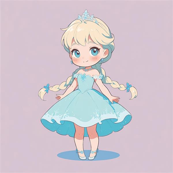 انیمیشن فروزن: ملکه السا با موی بافته شده، تصویرسازی وکتور چیبی تمام‌قد، طرح روی زمینه صورتی