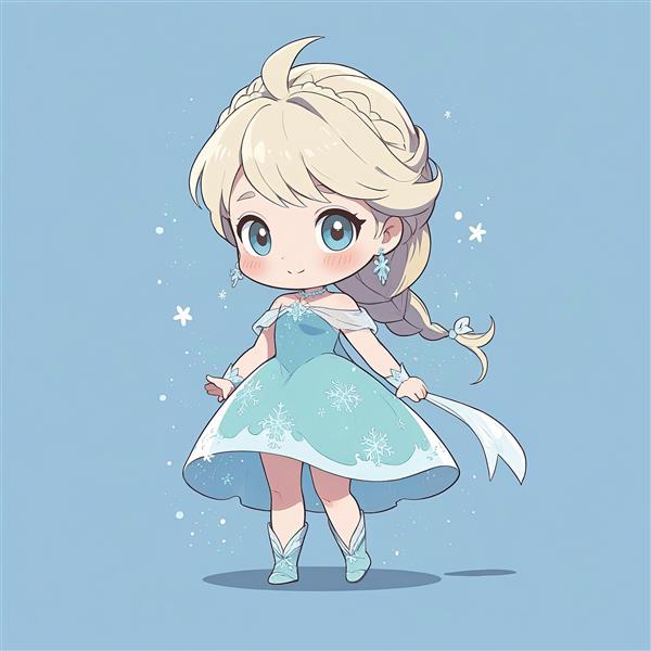 انیمیشن فروزن: ملکه السا با لباس آبی و روبان، تصویرسازی وکتور چیبی، طرح کارتونی روی زمینه آبی