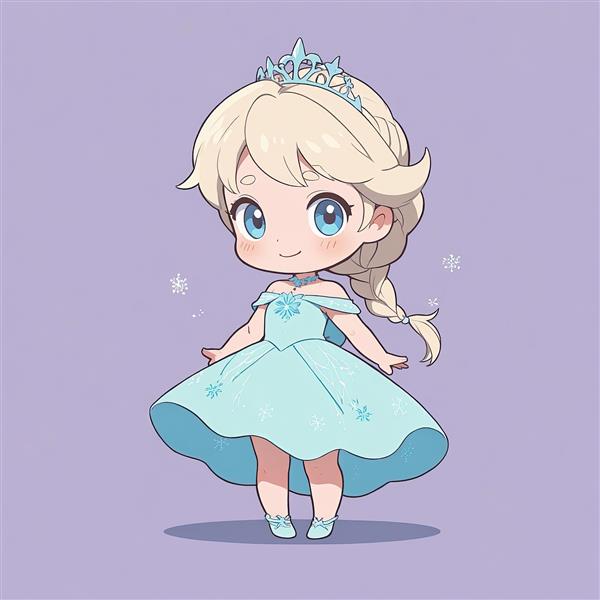 انیمیشن فروزن: ملکه السا با تاج و لباس آبی، تصویرسازی وکتور چیبی، تم یاسی و برفی