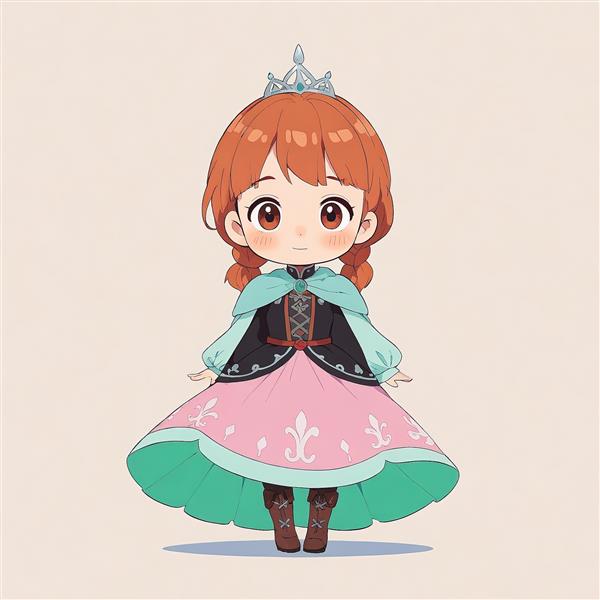 انیمیشن فروزن: پرنسس آنا با لباس صورتی و سبز، تصویرسازی وکتور چیبی، طرح کارتونی سنتی