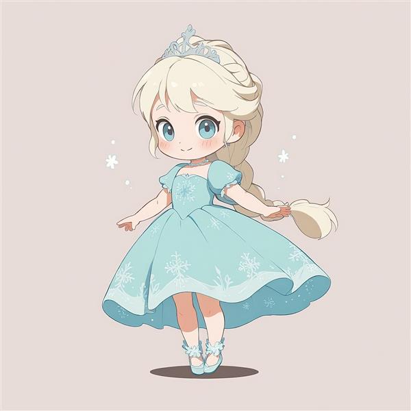 انیمیشن فروزن: ملکه السا با لباس آبی و تاج، تصویرسازی وکتور چیبی، رقصیدن با موی دم اسبی