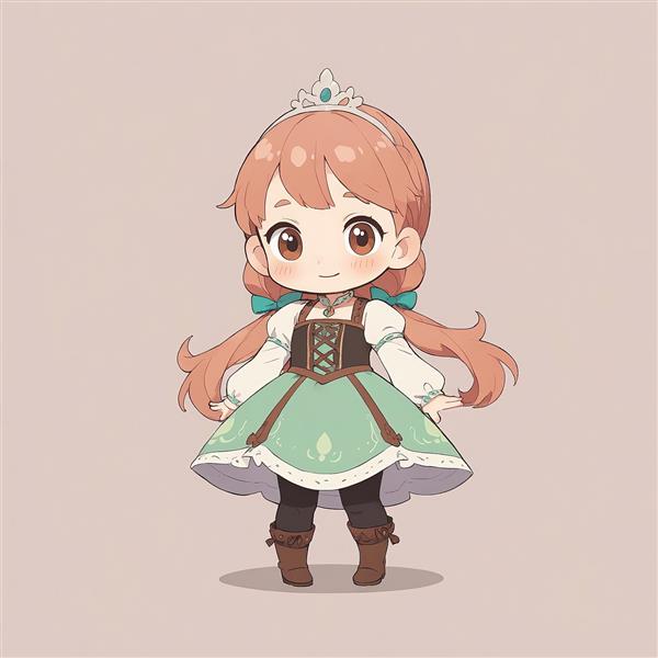 انیمیشن فروزن: پرنسس آنا با لباس سنتی سبز و قهوه‌ای، تصویرسازی وکتور چیبی تمام‌قد