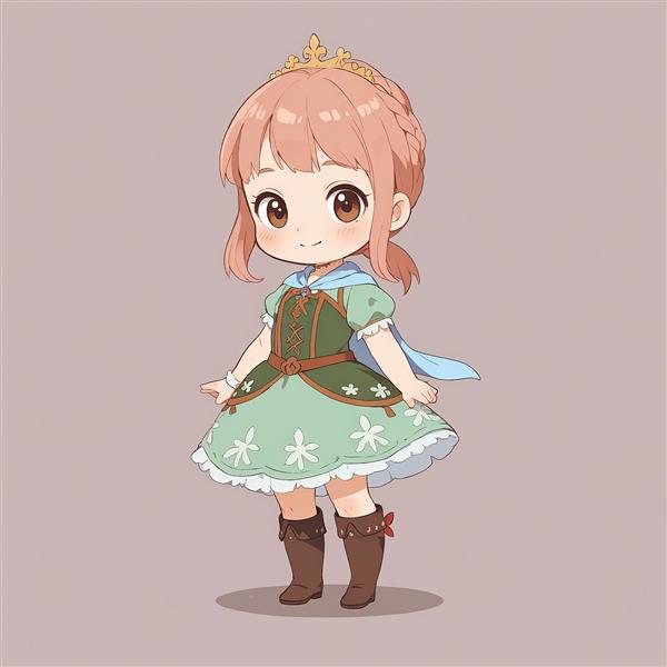 انیمیشن فروزن: پرنسس آنا با شنل آبی و لباس سبز، وکتور چیبی تمام‌قد، تصویرسازی کارتونی