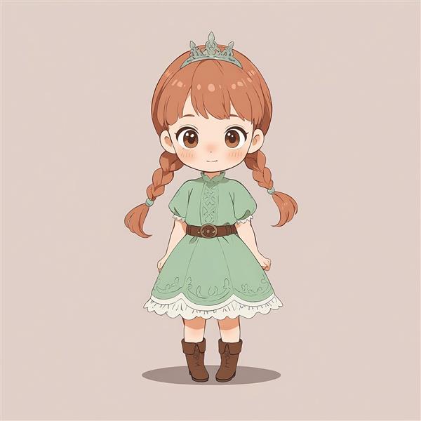 انیمیشن فروزن: پرنسس آنا با لباس سبز ساده، وکتور چیبی تمام‌قد، تصویرسازی کارتونی