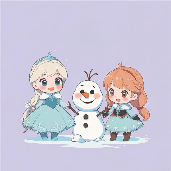 انیمیشن فروزن: السا و آنا کنار آدم برفی اولاف، وکتور بامزه و چیبی، تصویرسازی با زمینه یاسی