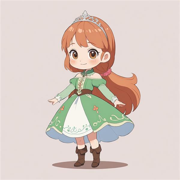 انیمیشن فروزن: پرنسس آنا با لباس سبز، وکتور چیبی تمام‌قد، تصویرسازی کارتونی شاد و بهاری