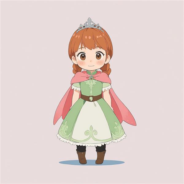 انیمیشن فروزن: پرنسس آنا با شنل صورتی، وکتور چیبی تمام‌قد، تصویرسازی کارتونی با زمینه پاستلی