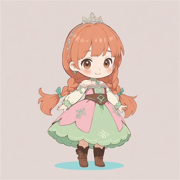 انیمیشن فروزن: پرنسس آنا با لباس صورتی و سبز، وکتور چیبی تمام‌قد، تصویرسازی کارتونی شاد