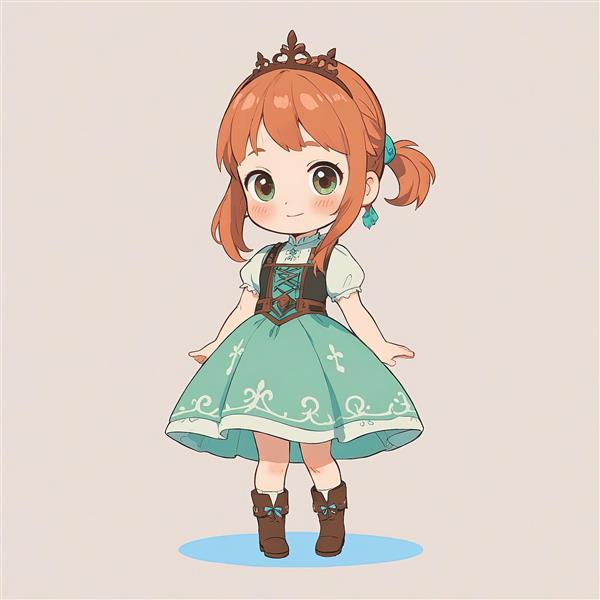 انیمیشن فروزن: پرنسس آنا با لباس سنتی، وکتور تمام قد و خندان، طراحی چیبی با تم پاستلی