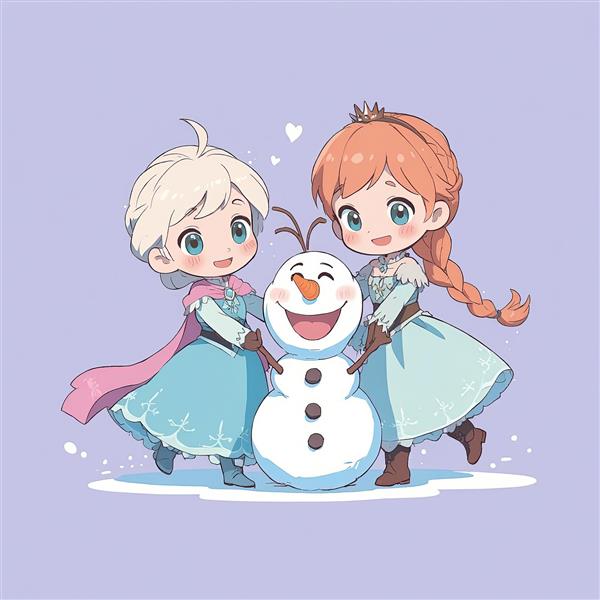 انیمیشن فروزن: السا و آنا در آغوش اولاف، وکتور بامزه و خندان، طراحی چیبی با تم بنفش ملایم