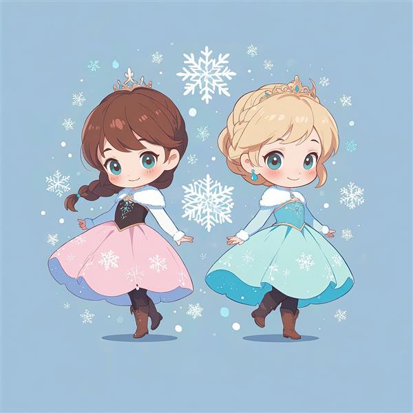 انیمیشن فروزن: السا و آنا با لباس متفاوت، وکتور کارتونی رقص در برف، طراحی چیبی با زمینه آبی