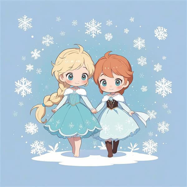 انیمیشن فروزن: السا و آنا در حال قدم زدن، وکتور بامزه در میان برف، طراحی چیبی با پس‌زمینه آبی