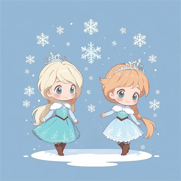 انیمیشن فروزن: السا و آنا با تاج در برف، وکتور بامزه و چیبی، پس‌زمینه آبی روشن و دانه‌های برف