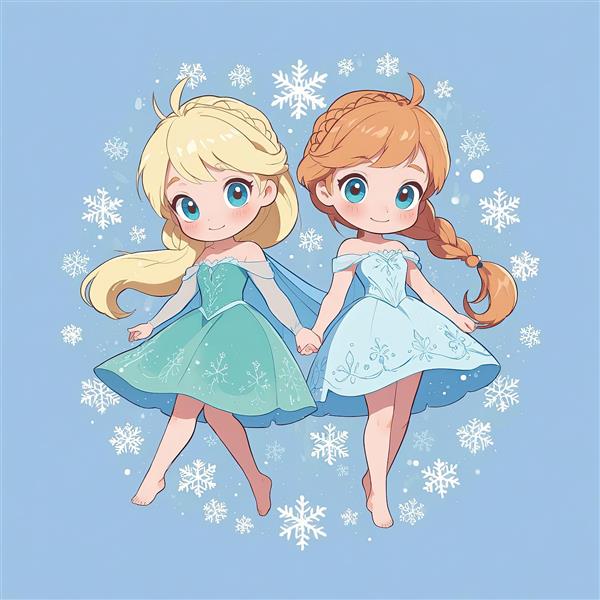 انیمیشن فروزن: السا و آنا دست در دست، وکتور کارتونی رقص در برف، طراحی چیبی با زمینه آبی