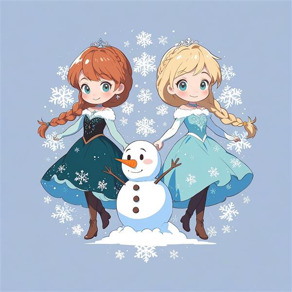 انیمیشن فروزن: السا و آنا با آدم برفی اولاف، وکتور بامزه در محیط برفی و آبی، طراحی چیبی