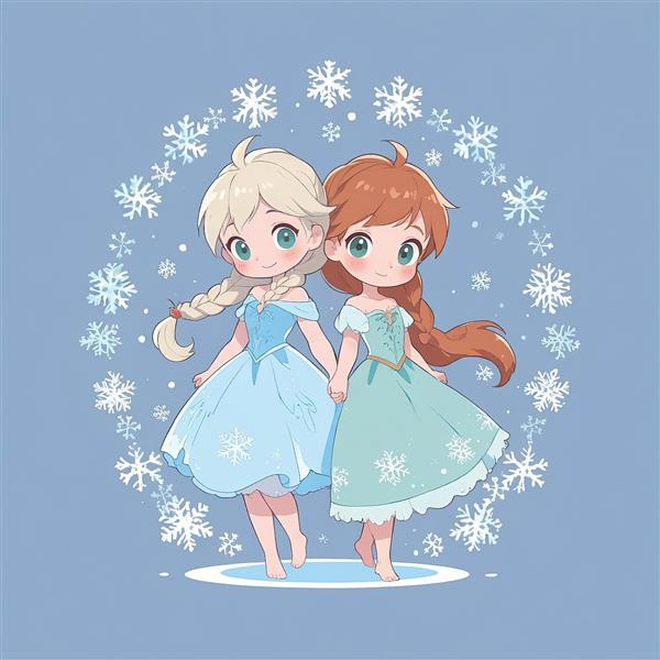 السا و آنا دوست‌داشتنی، انیمیشن فروزن طرح وکتور کیوت در حلقه دانه‌های برف، پس‌زمینه آبی