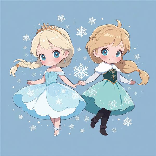 السا و آنا دست در دست، انیمیشن فروزن وکتور خواهران با لباس‌های زمستانی و دانه‌های برف