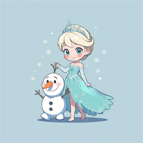 السا در لباس ملکه و اولاف، انیمیشن فروزن طرح وکتور با شنل بلند و تاج، پس‌زمینه آبی پاستلی