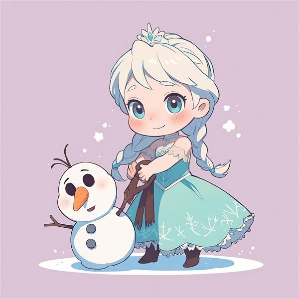 السا و اولاف با شال گردن، انیمیشن فروزن وکتور کیوت با موی نقره‌ای/یخی، پس‌زمینه بنفش/یاسی