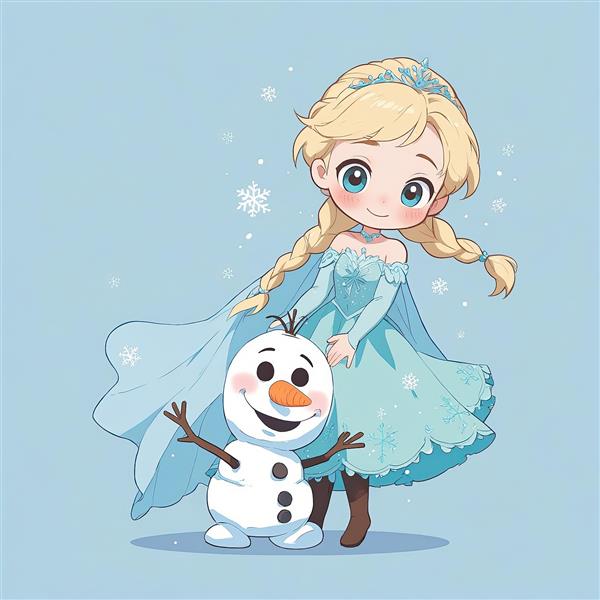 السا با شنل در اهتزاز و اولاف خندان، انیمیشن فروزن طرح وکتور کیوت، پس‌زمینه آبی آسمانی