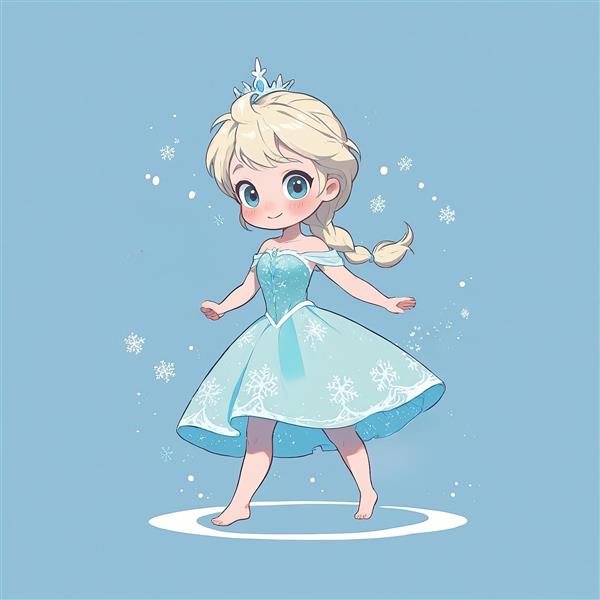 پرنسس السا تنها در حال رقص، انیمیشن فروزن وکتور چیبی با تاج و لباس آبی، پس‌زمینه آبی پاستلی
