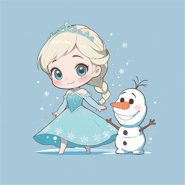 السا با موی بافته و اولاف در کنارش، انیمیشن فروزن طرح وکتور کیوت، پس‌زمینه آبی روشن، آماده چاپ