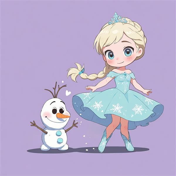 پرنسس السا و اولاف در حال بازی، انیمیشن فروزن وکتور چیبی با قلب، پس‌زمینه بنفش/یاسی