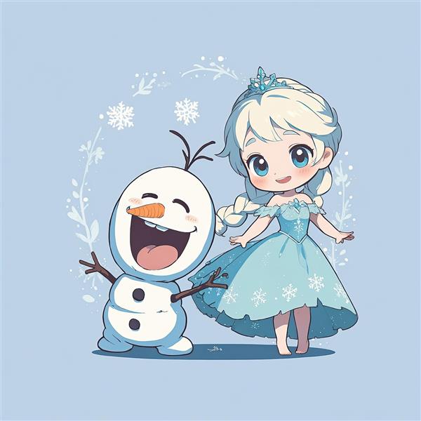 السا و اولاف خندان و شاد، انیمیشن فروزن طرح وکتور کیوت، حلقه برگ و برف، پس‌زمینه آبی پاستلی