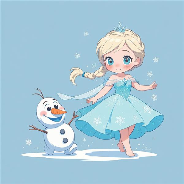 پرنسس السا و اولاف در حال رقص، انیمیشن فروزن طرح وکتور چیبی با دانه‌های برف، پس‌زمینه آبی