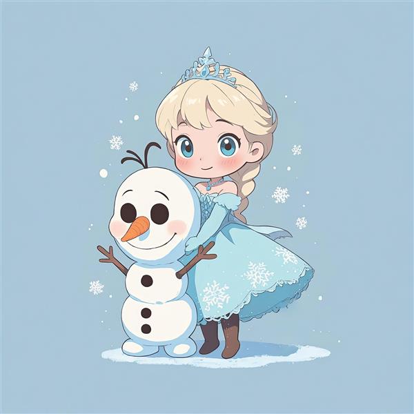 السا با اولاف از پشت، انیمیشن فروزن طرح وکتور کیوت با تاج و موی بافته، پس‌زمینه برفی آبی