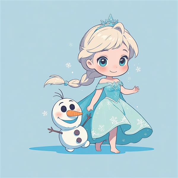 السا و اولاف در حال قدم زدن، انیمیشن فروزن طرح وکتور کیوت با لباس و شنل آبی یخی و دانه‌های برف