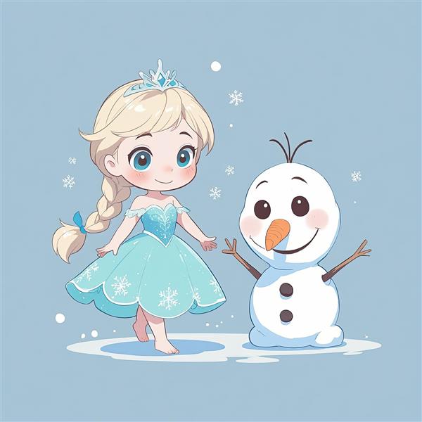 پرنسس السا و اولاف در کنار هم، انیمیشن فروزن ، وکتور چیبی با پس‌زمینه آبی برفی