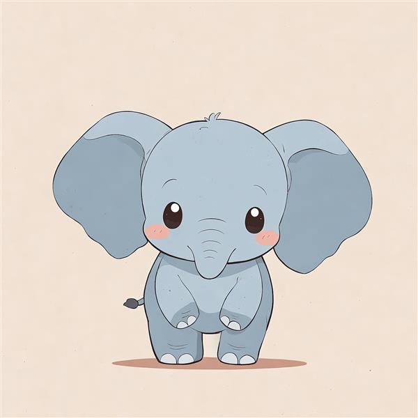 فیل آبی تیره کارتونی دامبو در ژست ایستاده، پس‌زمینه کرم ملایم، طرح وکتور با چشمان درشت و گونه‌های صورتی