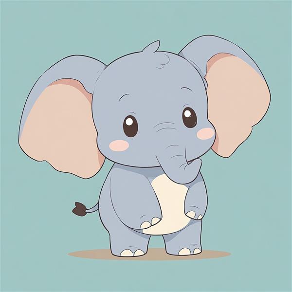 فیل کارتونی دامبو بامزه با گوش‌های بزرگ هلویی، در حال مکیدن خرطوم، پس‌زمینه سبز آبی پاستلی، وکتور با کیفیت