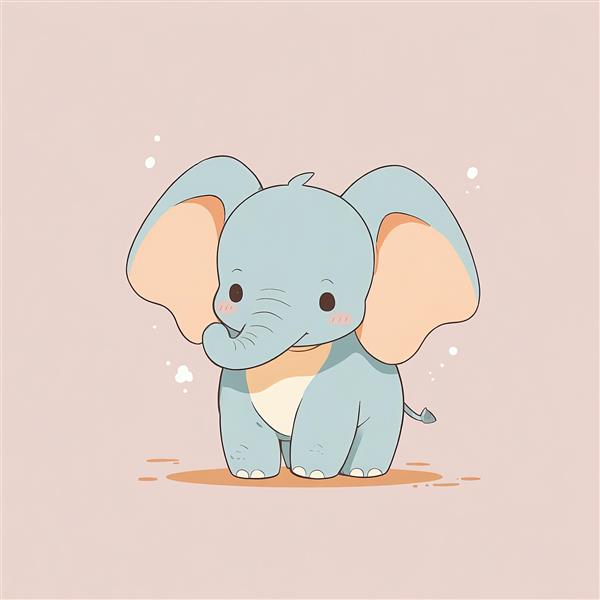 فیل آبی کارتونی دامبو، طرح کیوت با خرطوم بالا و گونه‌های سرخ، پس‌زمینه صورتی بژ، مناسب چاپ پوستر کودک
